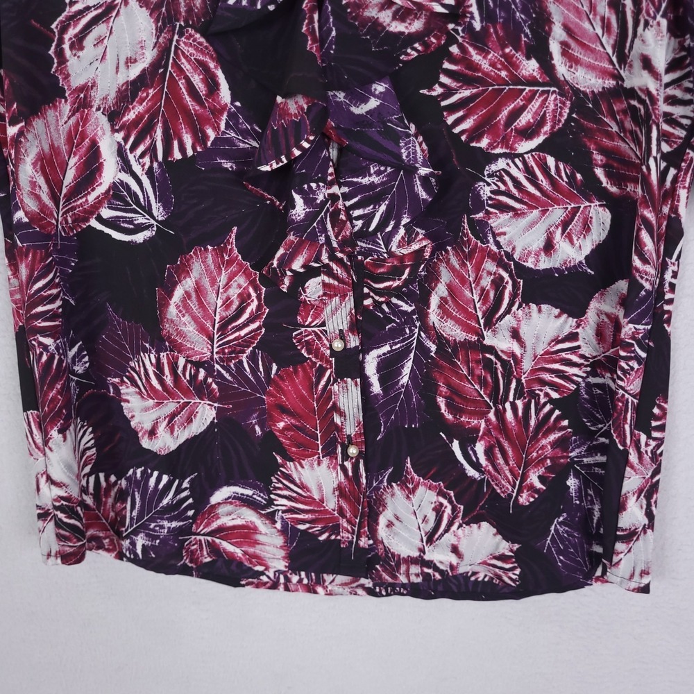 Karl Lagerfeld Paris Blouse Womens XS Pearl Button Floral Leaf Printed Ruffle - Picture 6 of 12